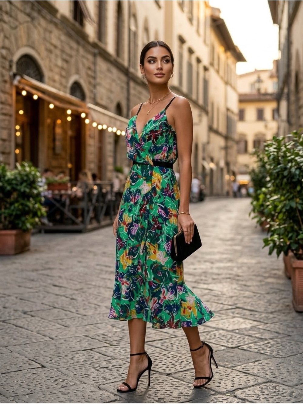 SALONI Jannie Emerald Silk Wrap Dress Green Floral Print Midi Ruffle Keyhole XS